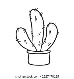 Hand drawn cactus in pot. Line art with white background. Isolated vector illustration