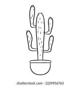 Hand drawn cactus in pot. Line art with white background. Isolated vector illustration