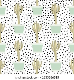 Hand drawn cactus in pot seamless pattern. Doodle exotic wallpaper. Cacti vector backdrop. Succulent flower endless textile illustration. Backdrop for textile or book covers, wrapping paper.