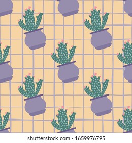 Hand drawn cactus in pot seamless pattern on stripes background. Houseplant cacti wallpaper. Design for fabric, textile print, wrapping paper, kitchen textiles. Creative vector illustration.