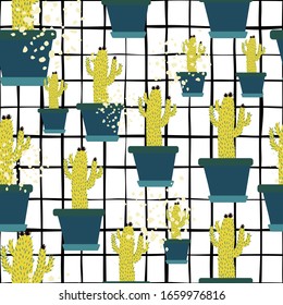 Hand drawn cactus in pot seamless pattern on stripes background. Houseplant cacti wallpaper in doodle style. Design for fabric, textile print, wrapping paper. Creative vector illustration.