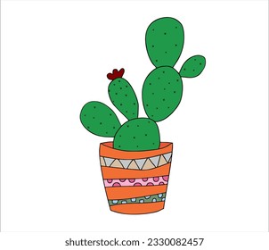 Cactus dibujados a mano en la olla. ilustración de dibujos animados vectoriales 