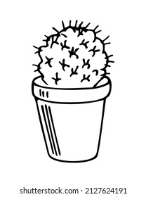 Hand drawn cactus in the pots. Vector illustration black and white home plants.