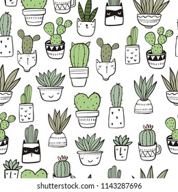 Hand drawn cactus print. Seamless pattern