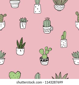 Hand drawn cactus print. Seamless pattern