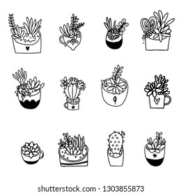 Hand drawn cactus print. Vector set with various hand drawn outline cactuses in flowerpots.