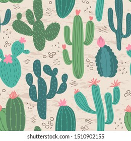 Hand drawn cactus seamless pattern on a sand texture background. Cute colorful cacti with flowers.