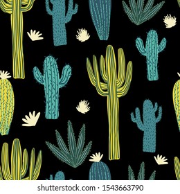 Hand drawn cactus seamless pattern. Doodle exotic wallpaper. Cacti vector backdrop. Succulent flower endless textile illustration. Backdrop for textile or book covers, wrapping paper.