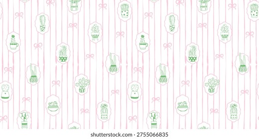 Hand drawn cactus seamless pattern with cute cartoon plant on soft pink striped background with bows. Romantic decicate illustration for wrapping paper, textiles, print Vector decor with succulents