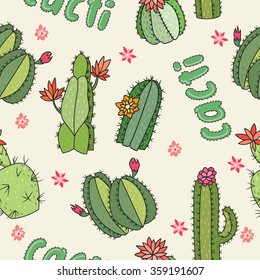 Hand Drawn Cactus seamless pattern. Vector illustration.