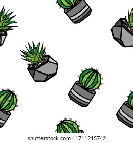 Hand drawn cactus sketch vector illustration. Cute seamless pattern with cactus plant in pots.