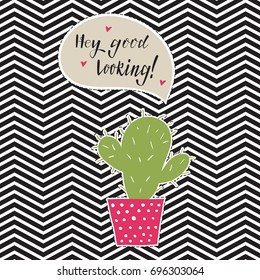 Hand drawn cactus sticker with  speech bubble . Vector illustration.