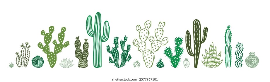 Hand drawn cactus and succulent doodle set. Collection of cute desert cactus sketches, Vector illustration