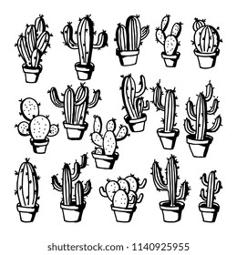 Hand drawn cactus and succulent drawing set collection. Editable dessert flora set.