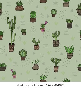 Hand drawn cactus and succulent plants in garden pots. Seamless pattern. Vector illustration.