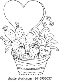 Hand drawn cactus, succulents and heart pattern. Doodle frame with place for text, coloring book or background decorative. Relaxation for adults and kids. Vector Illustration. 