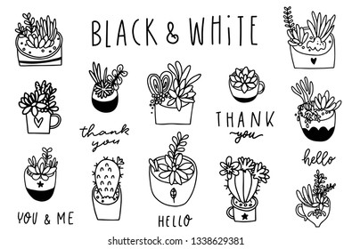 Hand drawn cactus, succulents print and lettering. Vector set with various hand drawn outline house plant in flowerpots.