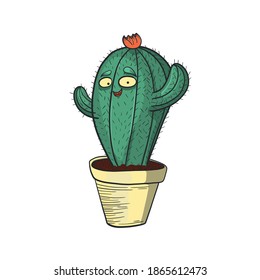 Hand drawn cactus, vector illustration of funny plant for postcard, promotional item or print
