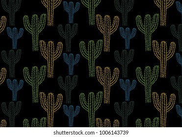 Hand drawn cactus vector pattern in a green, yellow,blue and white color palette