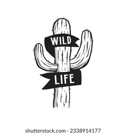 hand drawn cactus wild life western theme vintage vector logo design