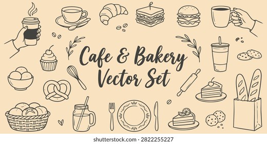 Hand drawn cafe and bakery vector collection featuring coffee bread pastries desserts beverages utensils and takeaway items designed for restaurant menus food branding packaging and promotional materials.
