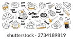 Hand drawn cafe doodle set with latte, croissant, cake, donut, dessert treats and matcha whisk elements. Black and white vector illustration for menus, packaging, stickers and prints.