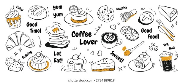 Hand drawn cafe doodle set with latte, croissant, cake, donut, dessert treats and matcha whisk elements. Black and white vector illustration for menus, packaging, stickers and prints.