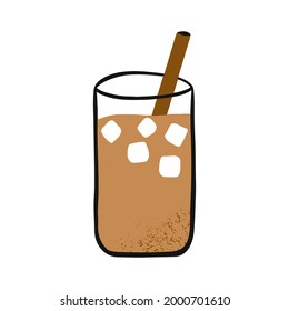 Hand drawn cafe element cold brew coffee drink with straw in glass vector illustration 