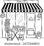 Hand drawn cafe facade. Coffee shop illustration. European shop window drawing.