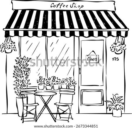 Hand drawn cafe facade. Coffee shop illustration. European shop window drawing.