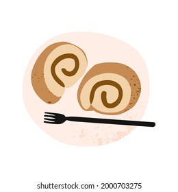 Hand drawn cafe food element chocolate coffee cake roll dessert with plate and fork vector illustration