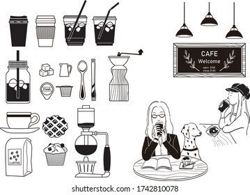 
Hand drawn cafe illustration set