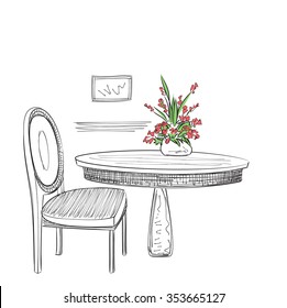 Hand drawn cafe interior. Table and chair sketch