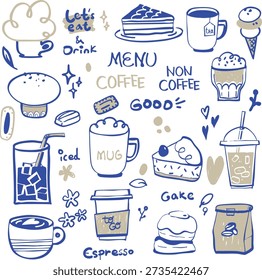Hand drawn cafe menu illustration set featuring coffee, non-coffee drinks and dessert doodles. Includes cups, iced drinks, cake, bread and sweet elements in a cozy minimal line art style. Perfect for cafe menu design, branding, stickers, packaging and social media graphics. Clean vector style suitable for print and digital use.

✅ Category