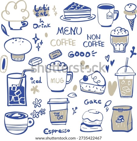 Hand drawn cafe menu illustration set featuring coffee, non-coffee drinks and dessert doodles. Includes cups, iced drinks, cake, bread and sweet elements in a cozy minimal line art style. Perfect for cafe menu design, branding, stickers, packaging and social media graphics. Clean vector style suitable for print and digital use.

✅ Category