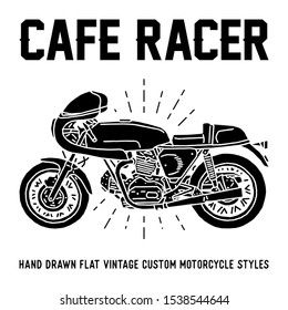 Hand drawn cafe racer series. Vintage, custom motorcycle, flat design, ray lights. 