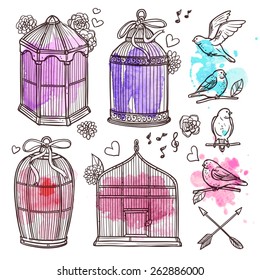 Hand drawn cages and birds with watercolor marks scrapbook set vector illustration