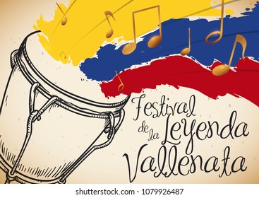 Hand drawn "caja vallenata" or small drum with tricolor brushstroke and musical notes, playing a melody in Vallenato Legend Festival (written in Spanish): a symbol of Colombia folklore.