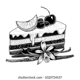 Hand drawn cake bakery dessert with fruit and vanilla spice.