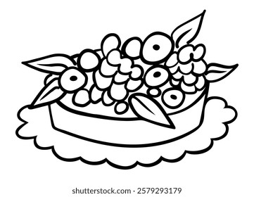 Hand drawn cake with berries and cream in doodle style isolated on white background. Fruit Tart. Vector. Sweet and beautiful dessert. Template for greeting card, postcard, print, menu.