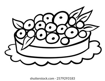 Hand drawn cake with berries and cream in doodle style isolated on white background. Fruit Tart. Vector. Sweet and beautiful dessert. Template for greeting card, postcard, print, menu.