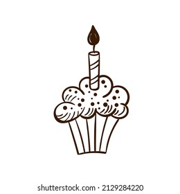 Hand drawn  cake with candle. Birthday clipart in doodle style.  Holiday design of a fun party. Vector Isolated illustration on a white background. 