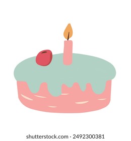 Torta dibujada a mano con vela aislada en blanco. Vector para tarjetas y pegatinas.