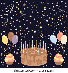 Hand drawn cake. candles, balloons pattern. Birthday party decoration element and postcard, banner background.