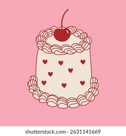 Hand drawn cake with cherrie. Line art sweet pastry food. Whimsical doodle dessert illustration. Coquette bakery item. Ideal for wedding, anniversary, valentine day. Vector graphic.