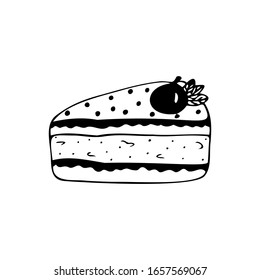 Hand drawn cake with cherry and mint isolated on a white background. Doodle, simple outline illustration. It can be used for decoration of textile, paper.