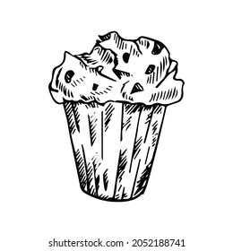 Hand drawn cake with chocolate isolated on white background. Black and white line vector illustration. Sweet food.