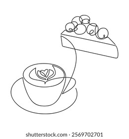 Hand drawn cake coffee cup vector. One line continuous drawing. Food and drink illustration. Dessert icon. Pastry print, banner, card, product logo, brochure, menu, bakery shop, latte art