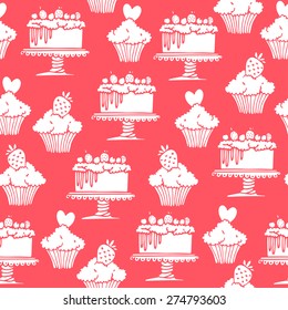 Hand drawn Cake and Cupcake seamless pattern.