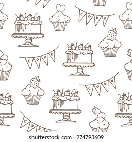 Hand drawn Cake and Cupcake seamless pattern.